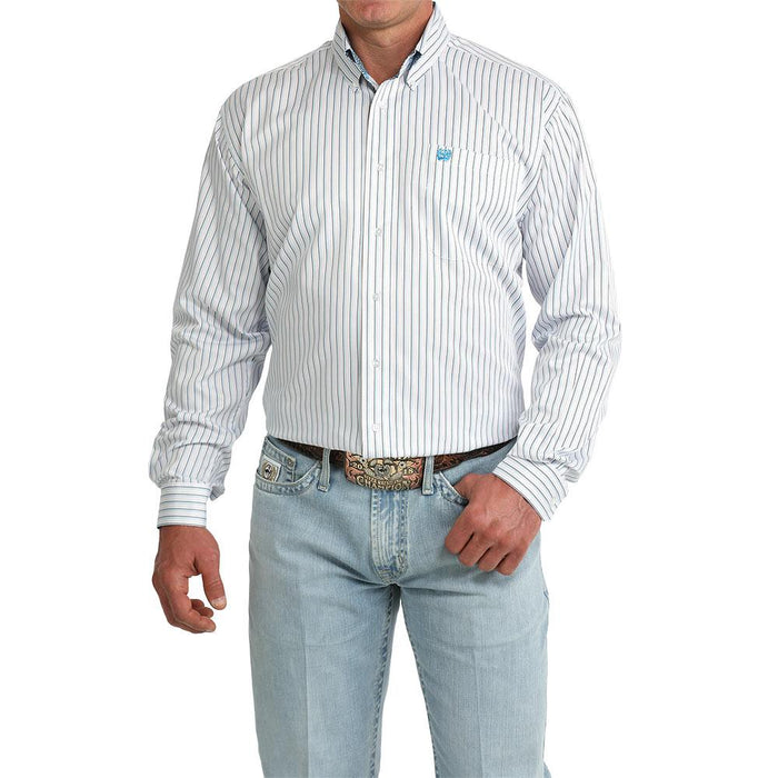 Men's White Striped Print Long Sleeve Shirt