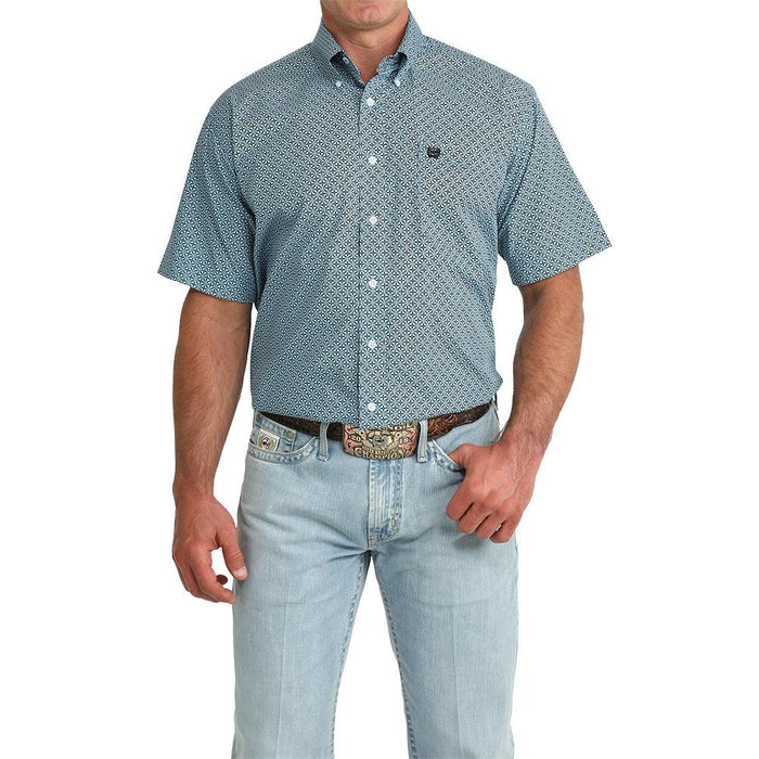 Men's Blue Check Print Short Sleeve Shirt