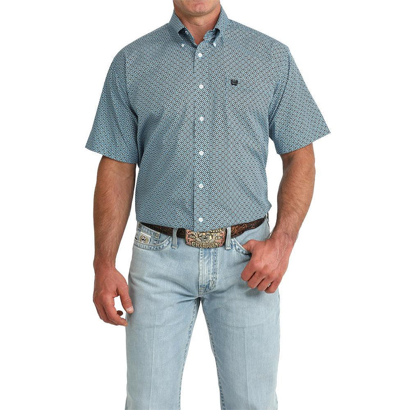 Men's Blue Check Print Short Sleeve Shirt