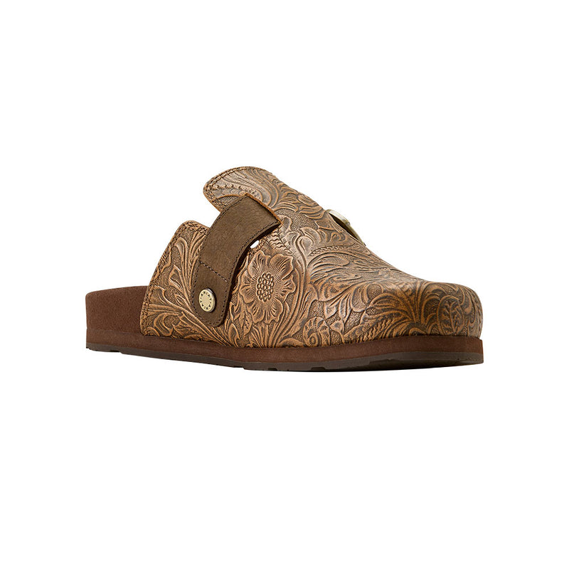 Women's Country Mule Brown Floral Embossed Casual