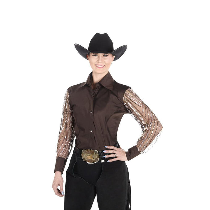 Women's Brown Taffeta with Shear Beaded Sleeve Show Top
