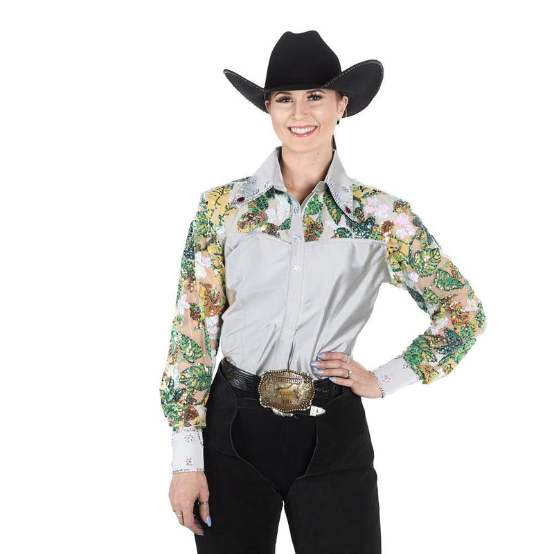 Women's Silver Taffeta with Sheer Floral Sleeves Show Top