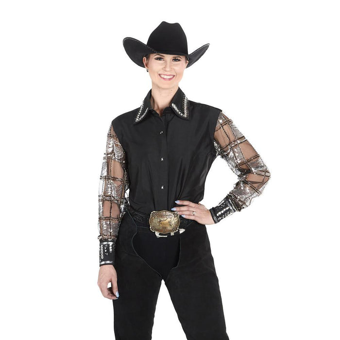 Women's Black Taffeta with Shear Beaded Sleeve Show Top