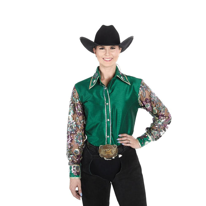 Women's Green Taffeta with Sheer Floral Sleeves Show Top
