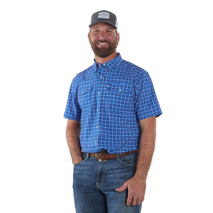 Men's Blue Grid Print Short Sleeve Snap Shirt
