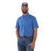 Men's Blue Grid Print Short Sleeve Snap Shirt
