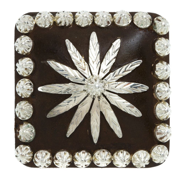 Sierra Flower Rust Iron Sterling Overlay 1inch Square Screwback Concho