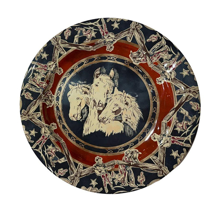 Patchwork Bandana Melamine Dinner Plate Blue Horse Heads 4pc