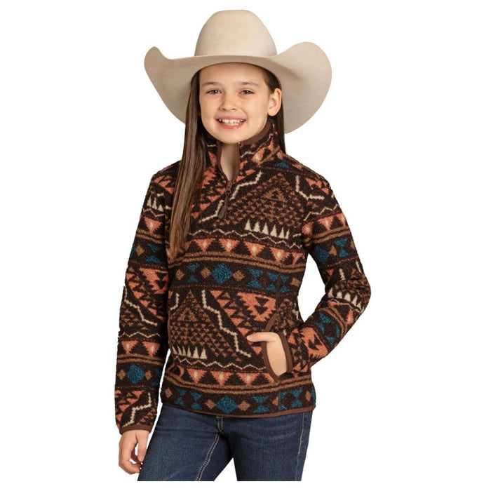 Girls Chocolate Aztec Border Fleece Pullover