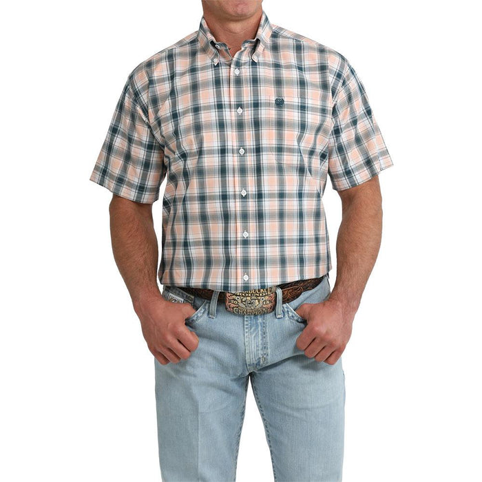 Men's Coral Plaid Short Sleeve Shirt