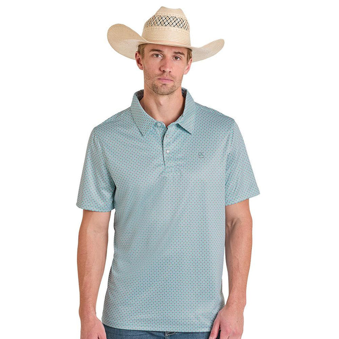 Men's Turquoise Geometric Print Performance Polo