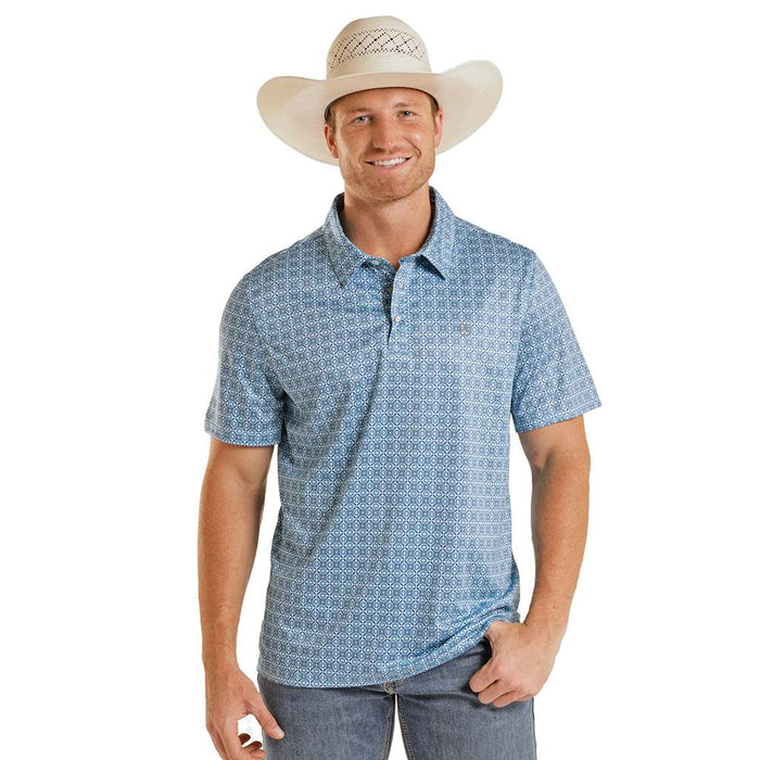 Men's Slim Blue Geometric Print Polo