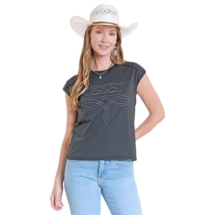 Women's Black Boot Stitch Embroidered Tee Shirt