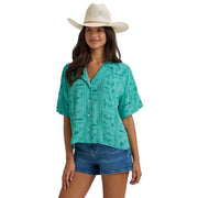 Women's Green Western Print Camp Shirt