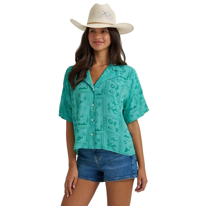 Women's Green Western Print Camp Shirt