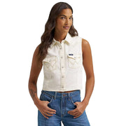 Women's White Denim Sleeveless Shirt
