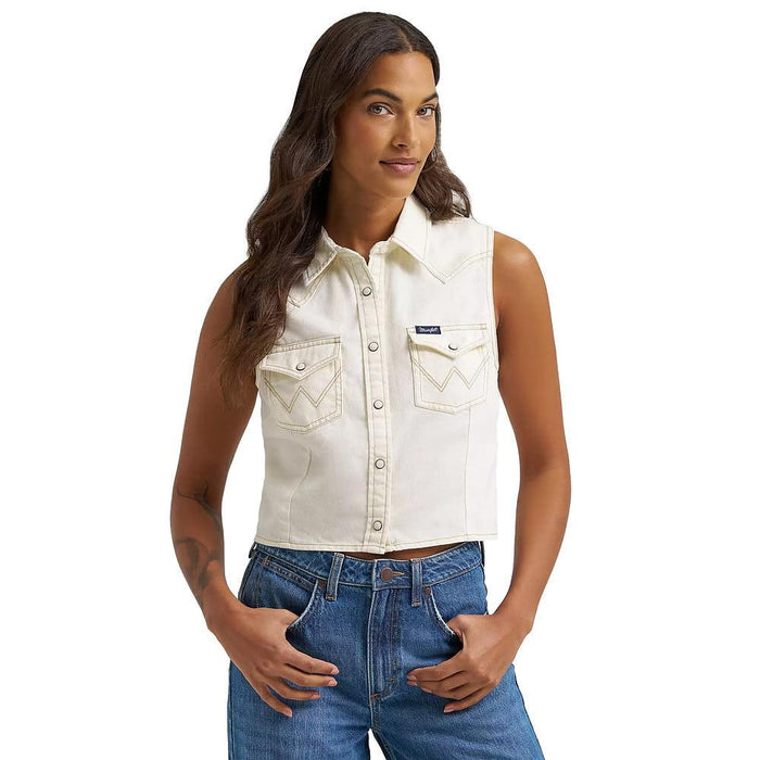 Women's White Denim Sleeveless Shirt