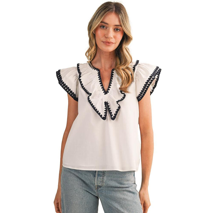 Wom Contrast Blanket Stitch Ruffle White Top