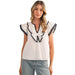 Wom Contrast Blanket Stitch Ruffle White Top