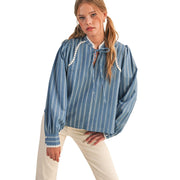 Wom Striped Puff Sleeve Blue Top
