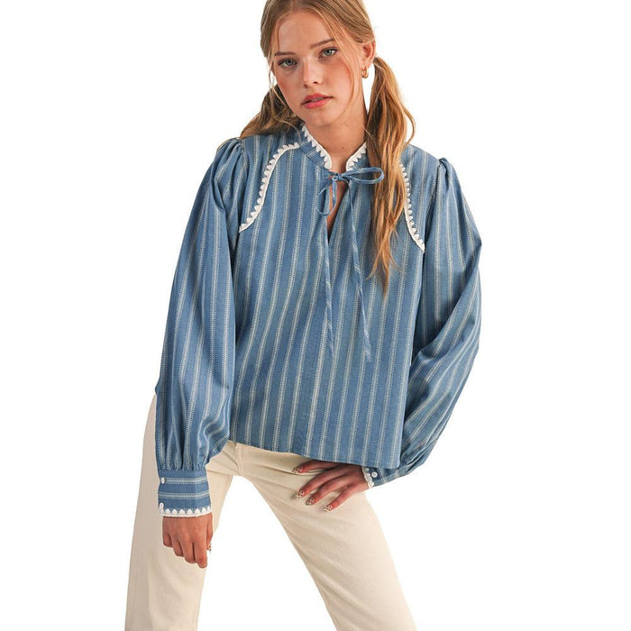 Wom Striped Puff Sleeve Blue Top