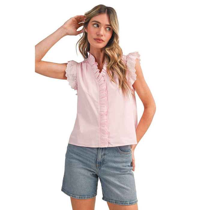 Wom Lace Trim Peony Pink Top
