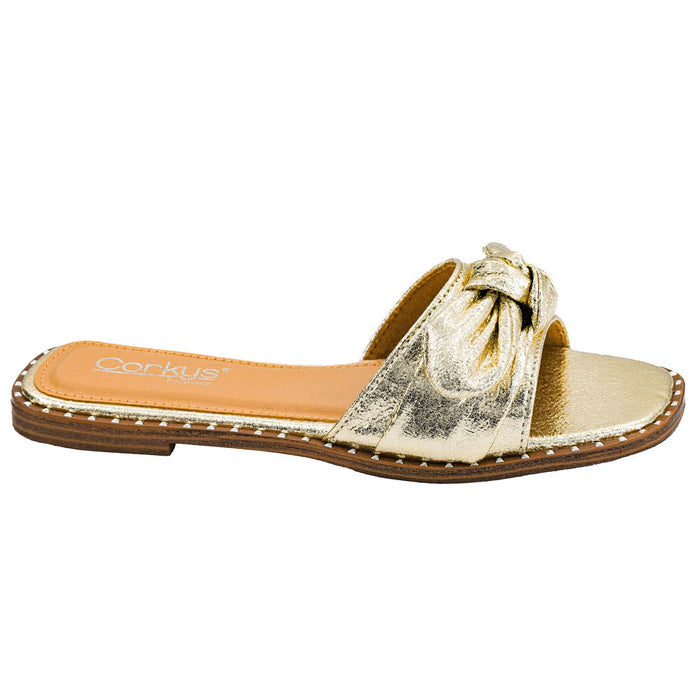 Women's Gold Crinkle Metallic Clam Bake Sandal
