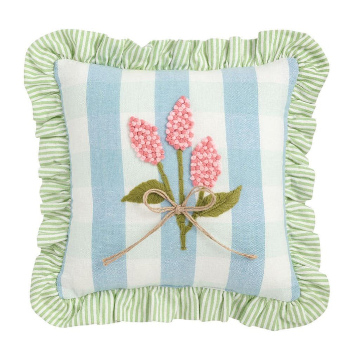 Blue Check Ruffle Floral Embroidered Pillow