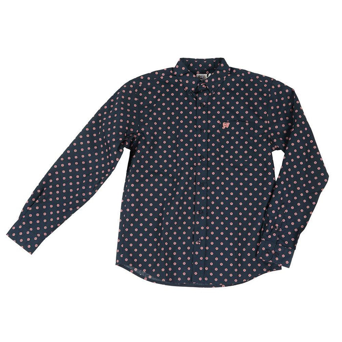 Boy's Navy Print Long Sleeve Button Shirt
