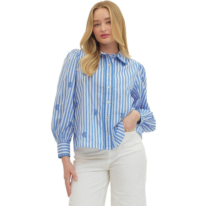Women's Blue Striped Embroidered Top