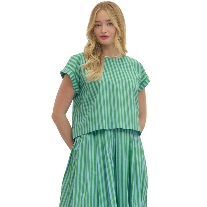 Women's Green Sky Striped Button Back Top