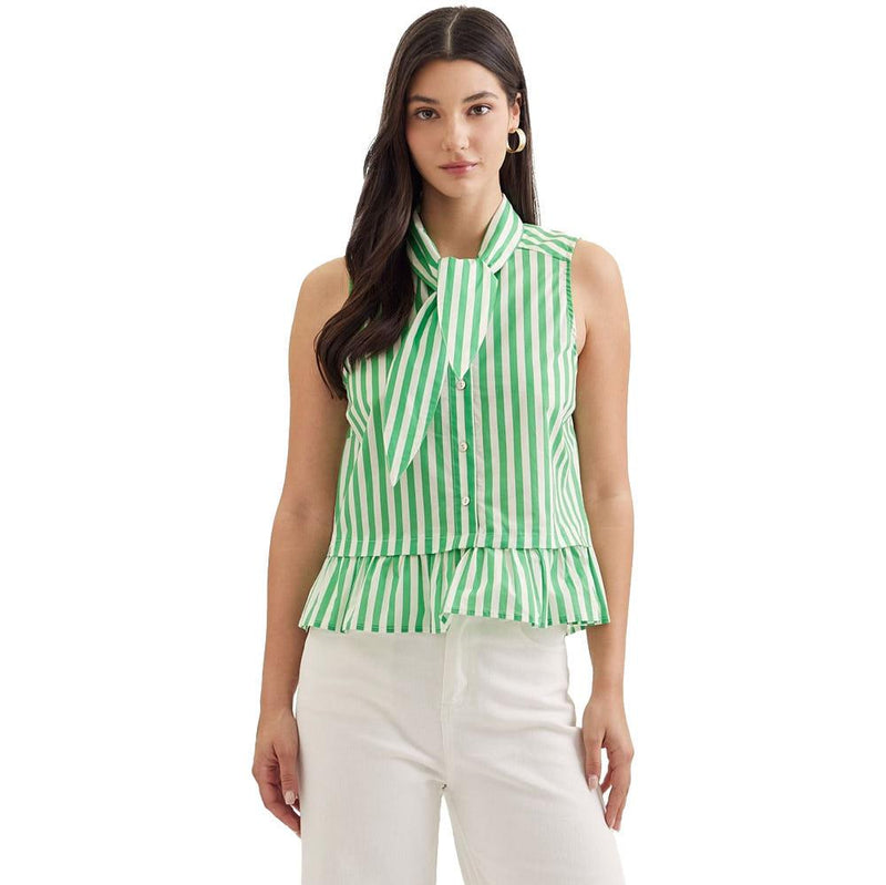Women's Green Striped Tie Neck Top