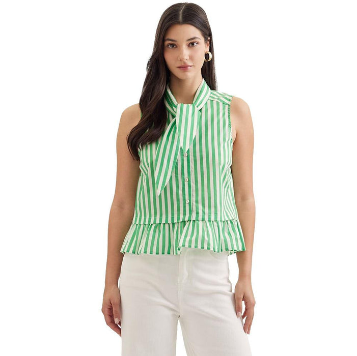 Women's Green Striped Tie Neck Top