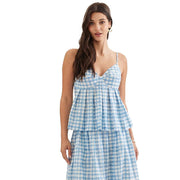 Women's Blue Gingham Pleated Top