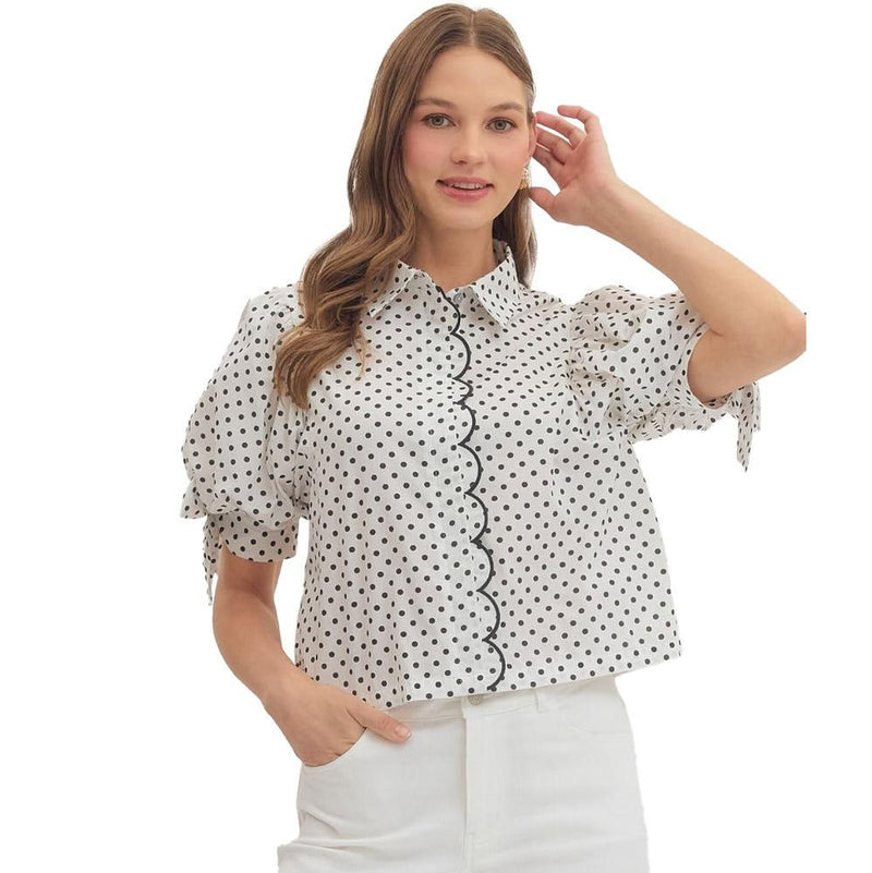 Women's Black Dot Bow Sleeve Top