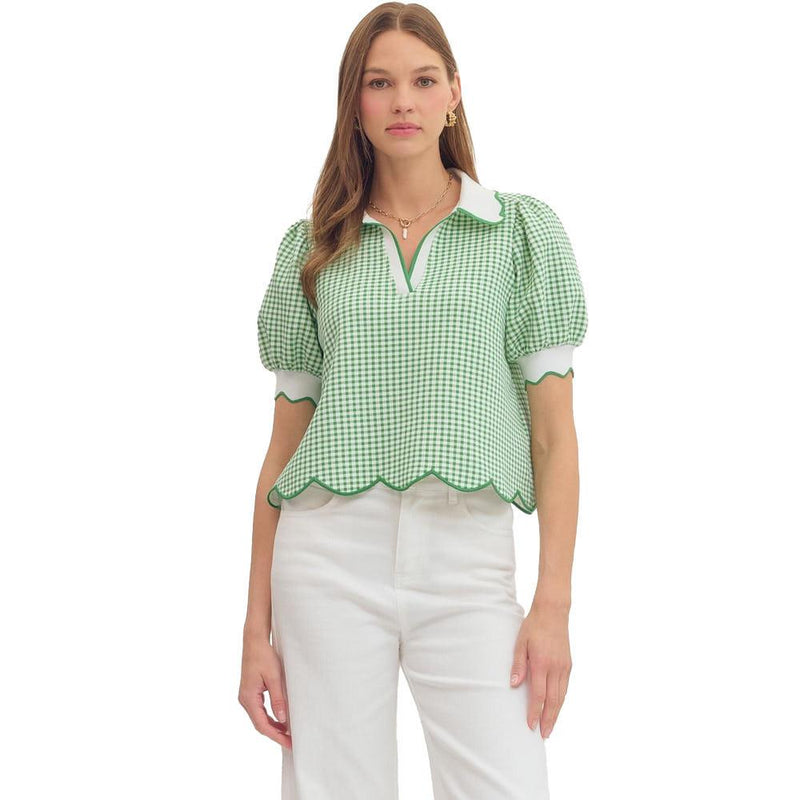 Women's Green Gingham Puff Sleeve Top