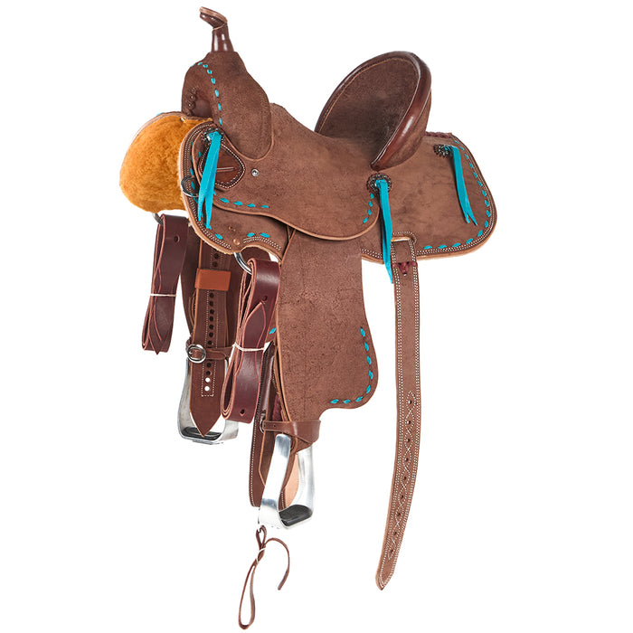Youth Roughout Turquoise Buckstitch Barrel Saddle