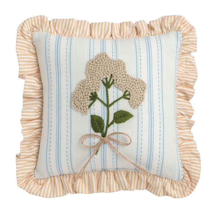 Multi Stripe Ruffle Floral Embroidered Pillow