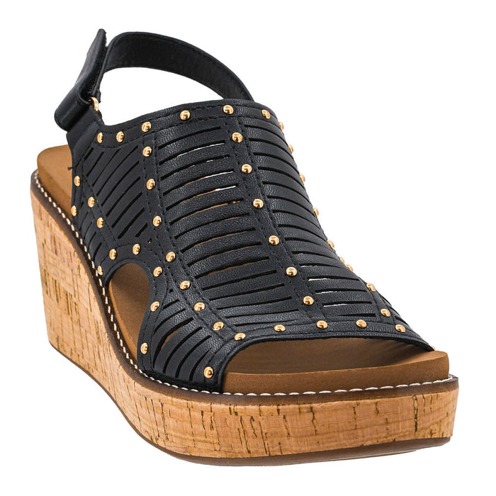 Women's Black Studded Can We Go Wedge Sandal