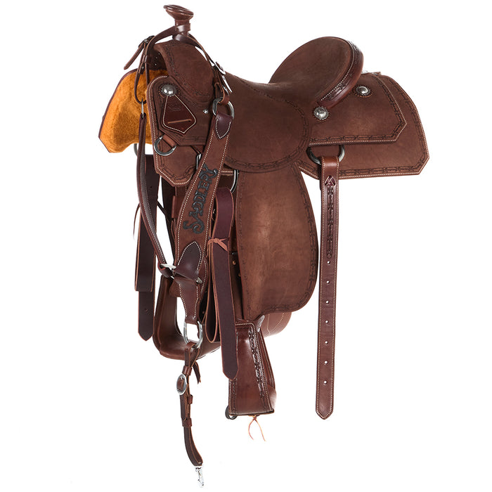 Chocolate Roughout Barbed Wire Border 16in Team Roping Saddle