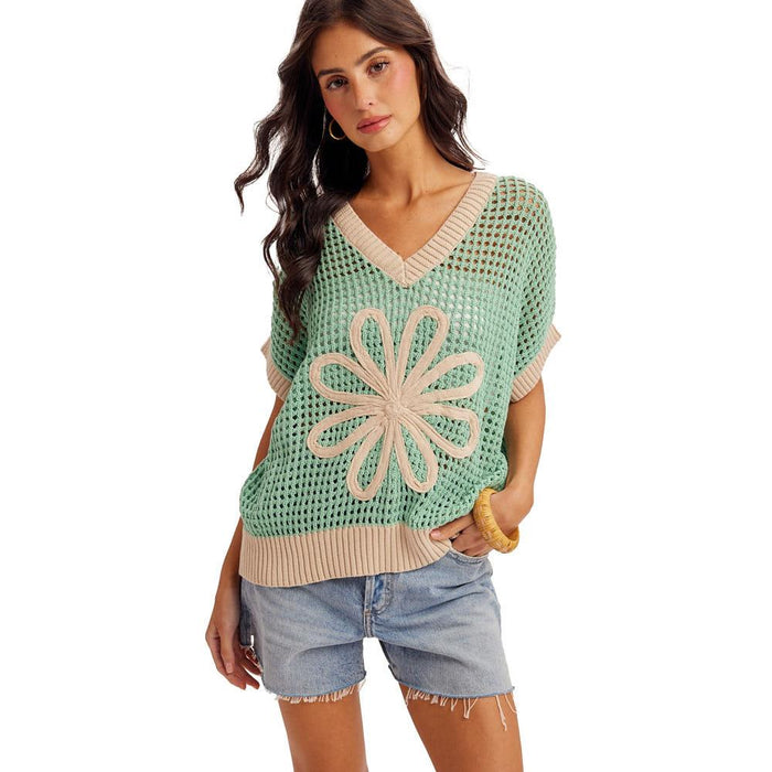 Women's Green Daisy Patch Net Sweater