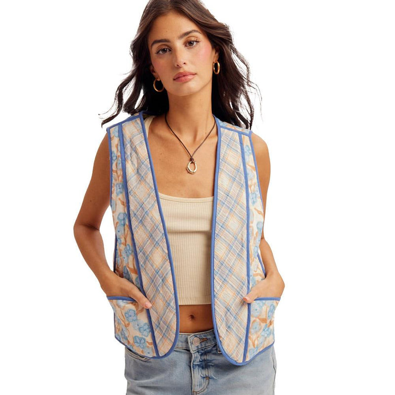 Women's Blue Reversible Floral & Plaid Vest