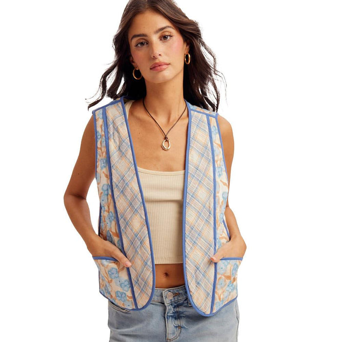 Women's Blue Reversible Floral & Plaid Vest