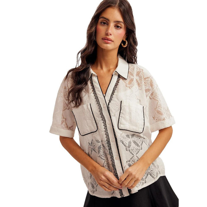 Women's White Piping Contrast Lace Shirt