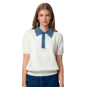 Women's Ivory Park Avenue with Blue Collar Short Sleeve Sweater