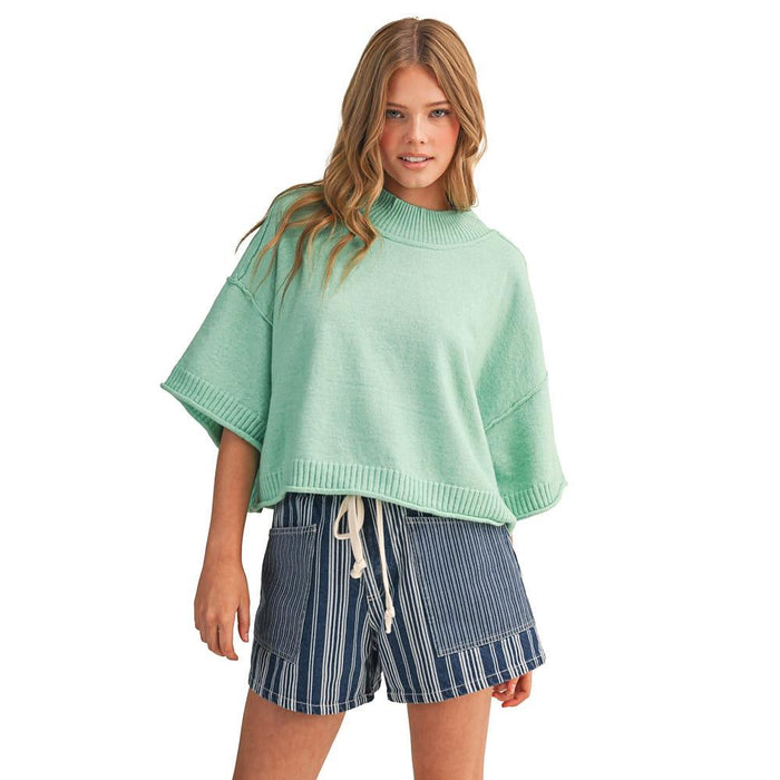 Wom Mint Green Marled Mock Neck Short Sleeve Sweater