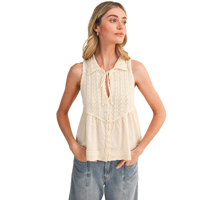 Wom Oat Milk Mixed Media Sleeveless Sweater Top