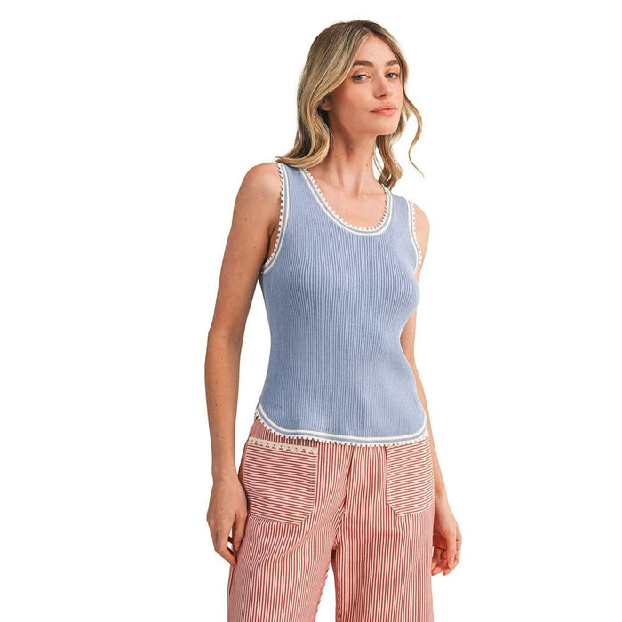 Wom Cashmere Blue Picot Trim Tank