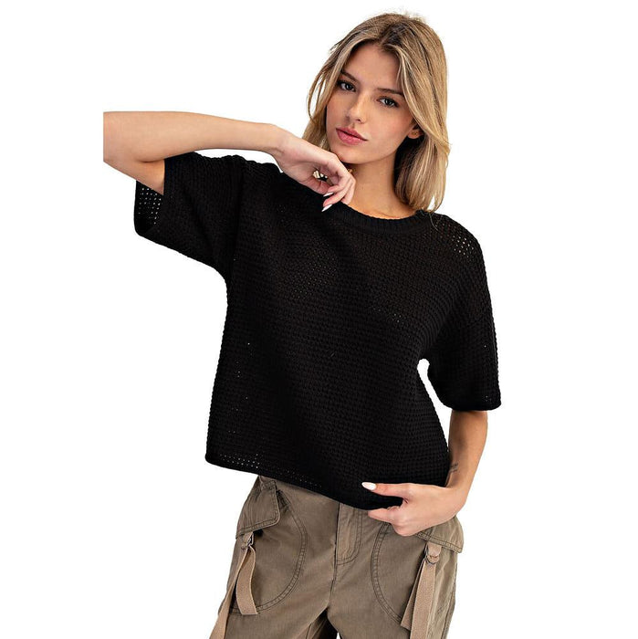Women's Black Waffle Knit Boxy Short Sleeve Sweater