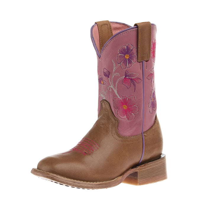Kid's Waxy Tan Vamp 8in Pink Flower Embroidered Top